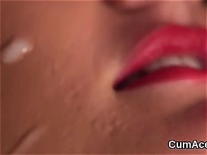Wicked woman gets jizz shot on her face swallowing all the juices